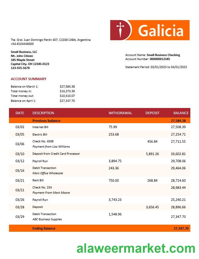 Banco Galicia company account statement Word and PDF template